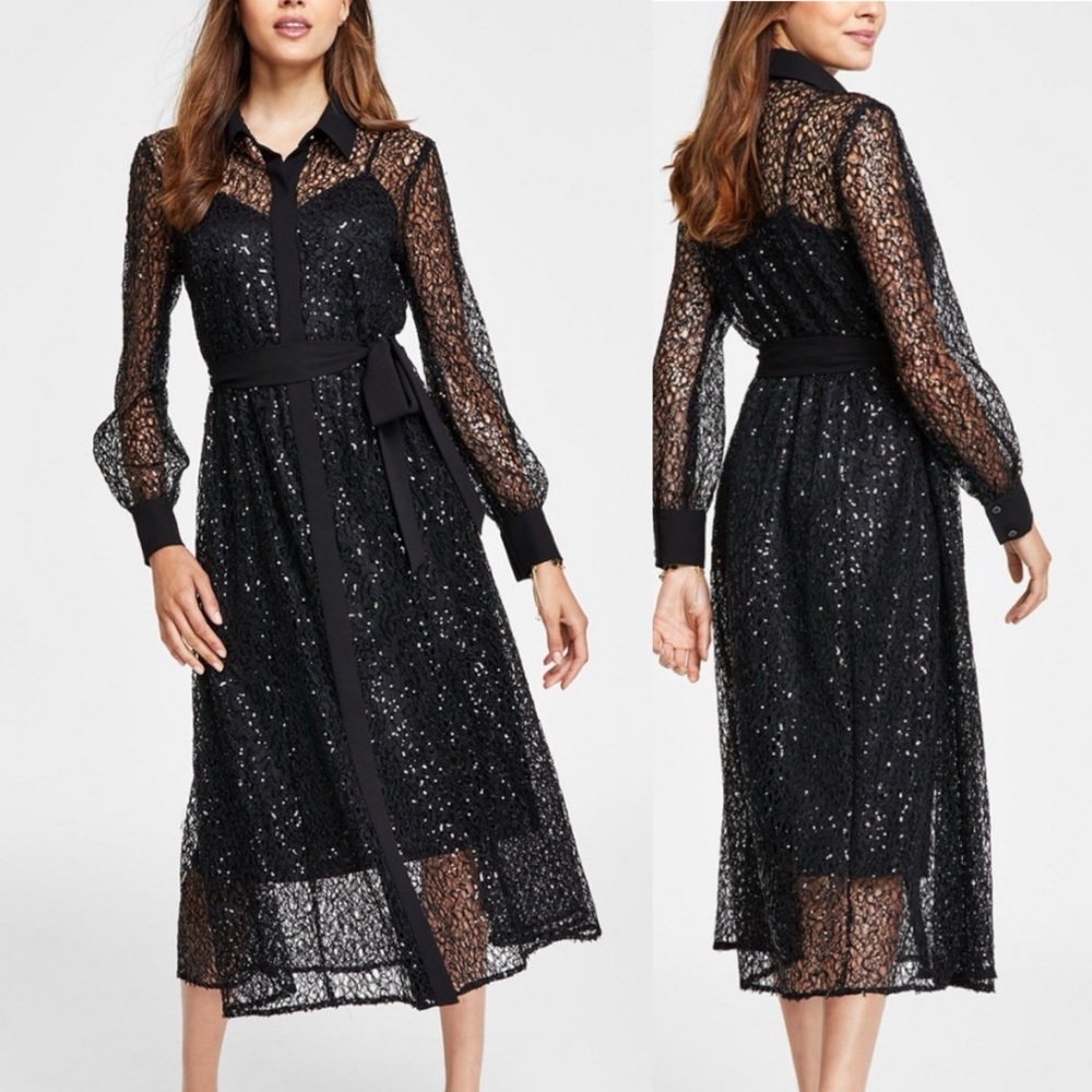 Sequin on Lace Shirtdress Anne Klein sheer Lace button-front holiday dress sz 10